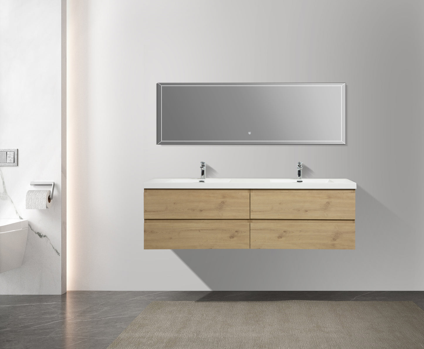 Alma-Pre 4 Drawers Wall Mount Vanity, Integrated White Sink, Natural Oak, 72"
