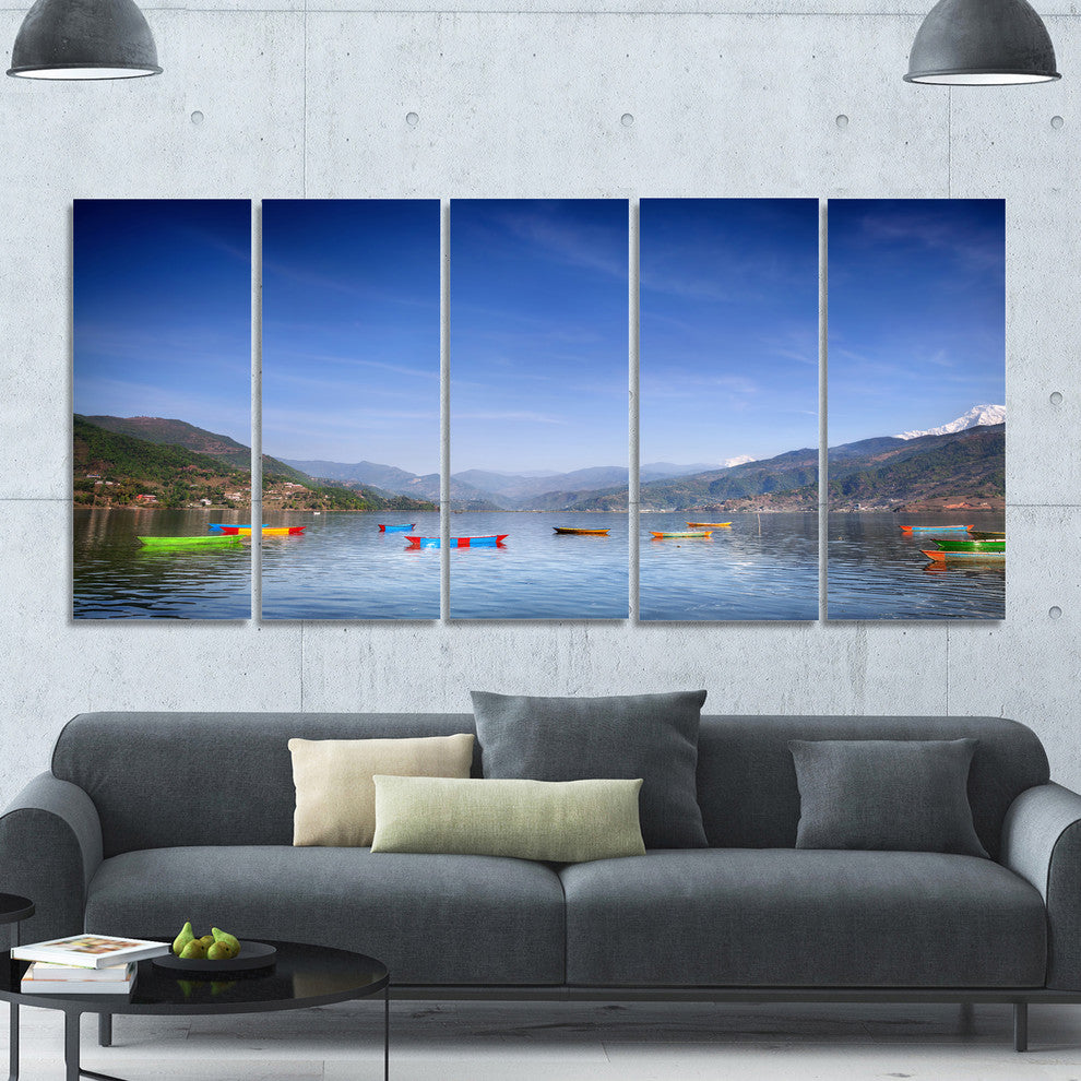 Boats in Pokhara Lake, Modern Seashore Canvas Wall Art, 60"x28", 5 Panels