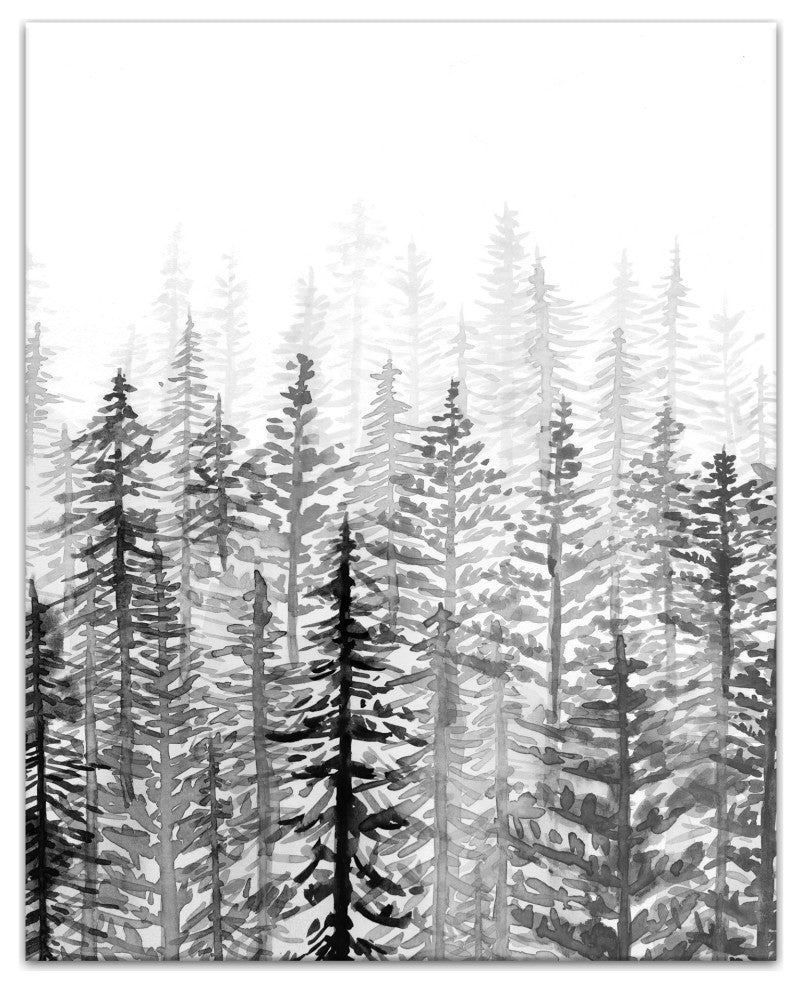 Black White Watercolor Trees 16x20 Canvas Wall Art