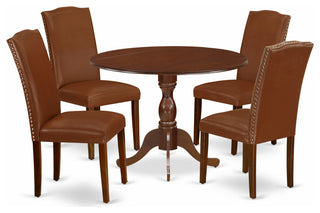 5 Pc Kitchen Set, 1 Drop Leaves Table, 4 Brown Faux Leather Chairs High Back