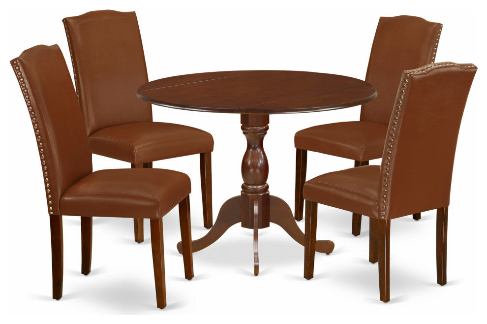 5 Pc Kitchen Set, 1 Drop Leaves Table, 4 Brown Faux Leather Chairs High Back