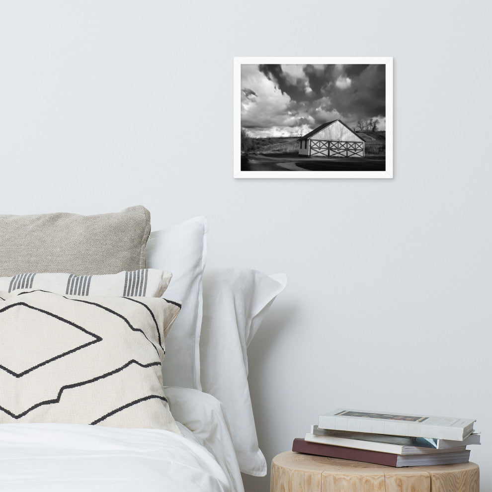 Aging Barn Morning Sun in Black and White Framed Photo Paper Wall Art Prints, White, 12" X 16"