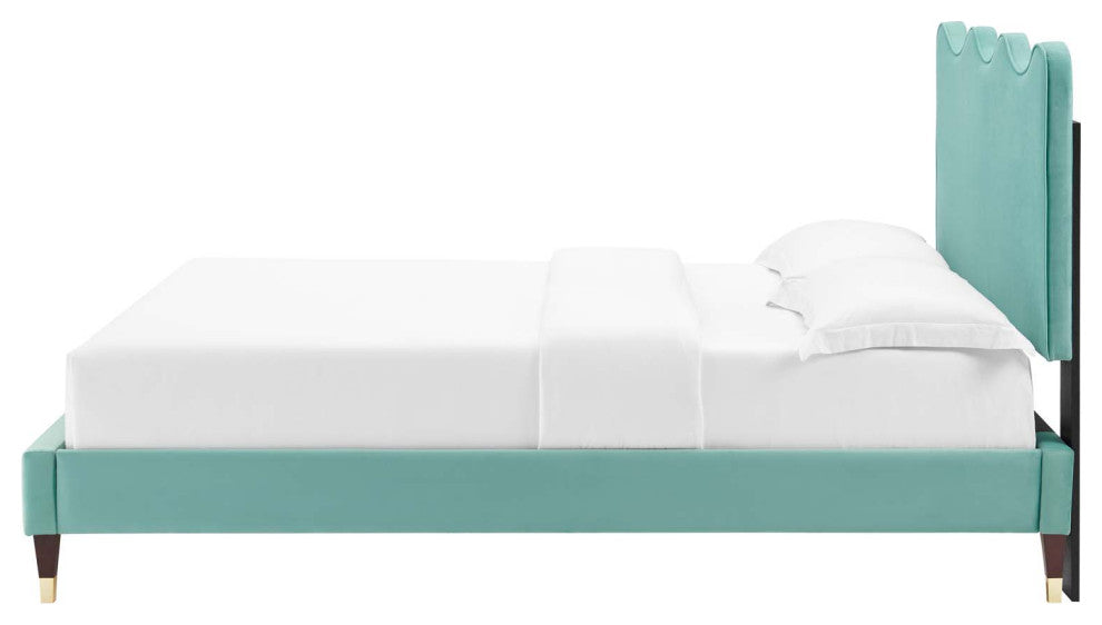 Platform Bed Frame, Queen Size, Blue, Velvet, Modern, Bedroom Guest Suite