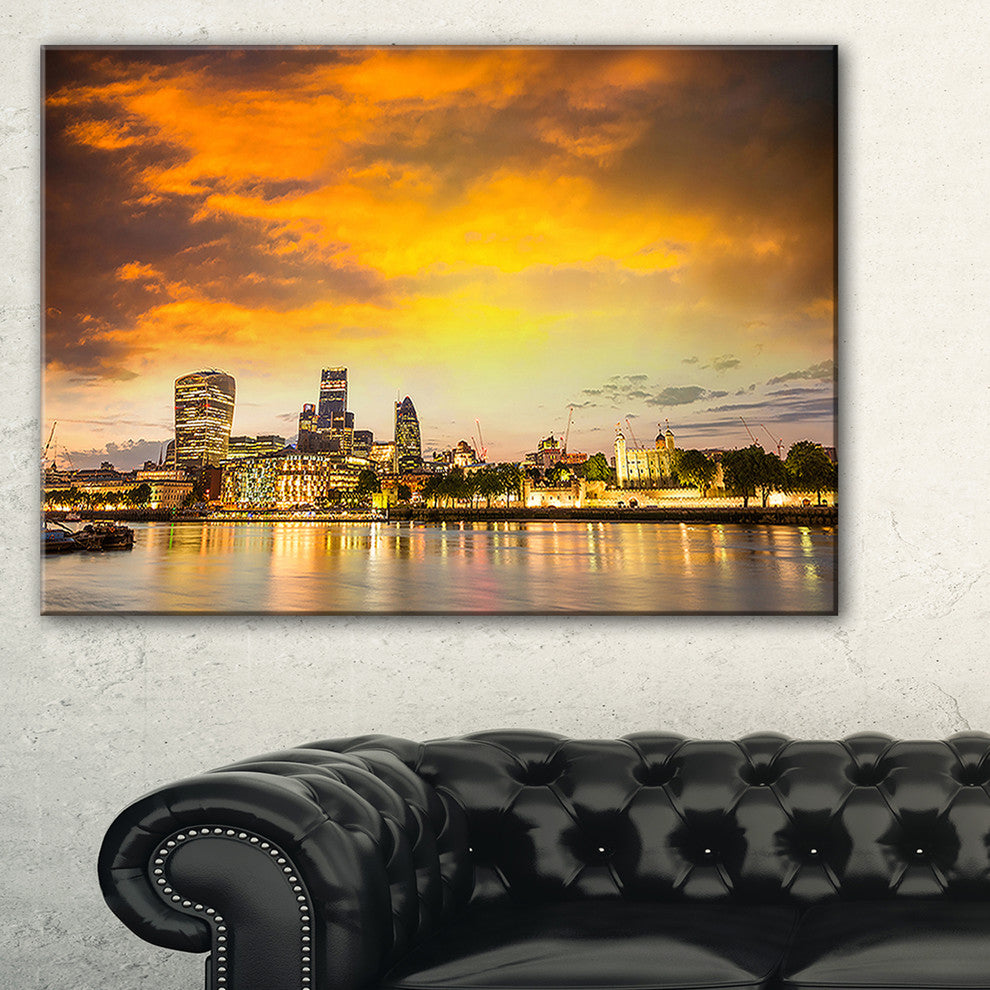"Financial District of London at Twilight" Cityscape Wall Art, 60"x28", 1 Panel