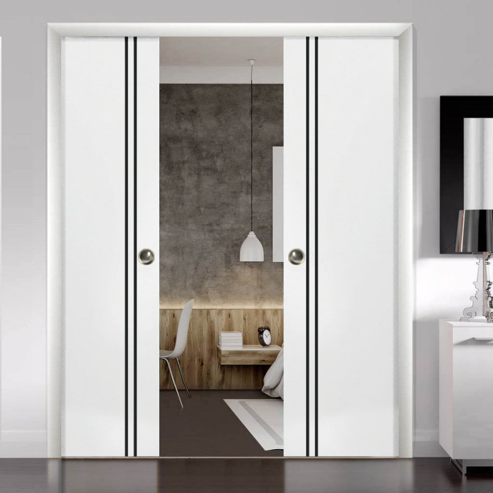 French Double Pocket Doors 84x80 | Planum 0016 White Silk | Kit Trims Rail