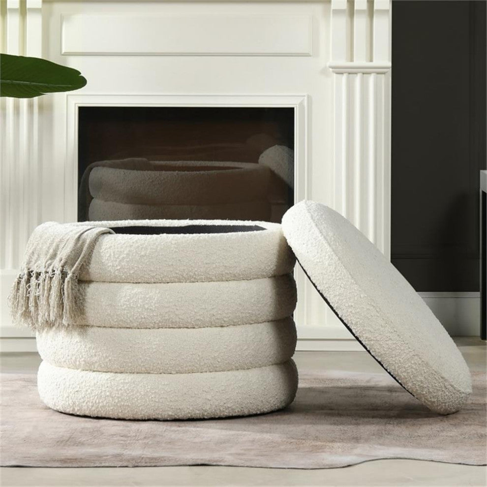 Fuji 22" Upholstered Boucle Round Storage Ottoman Ivory White