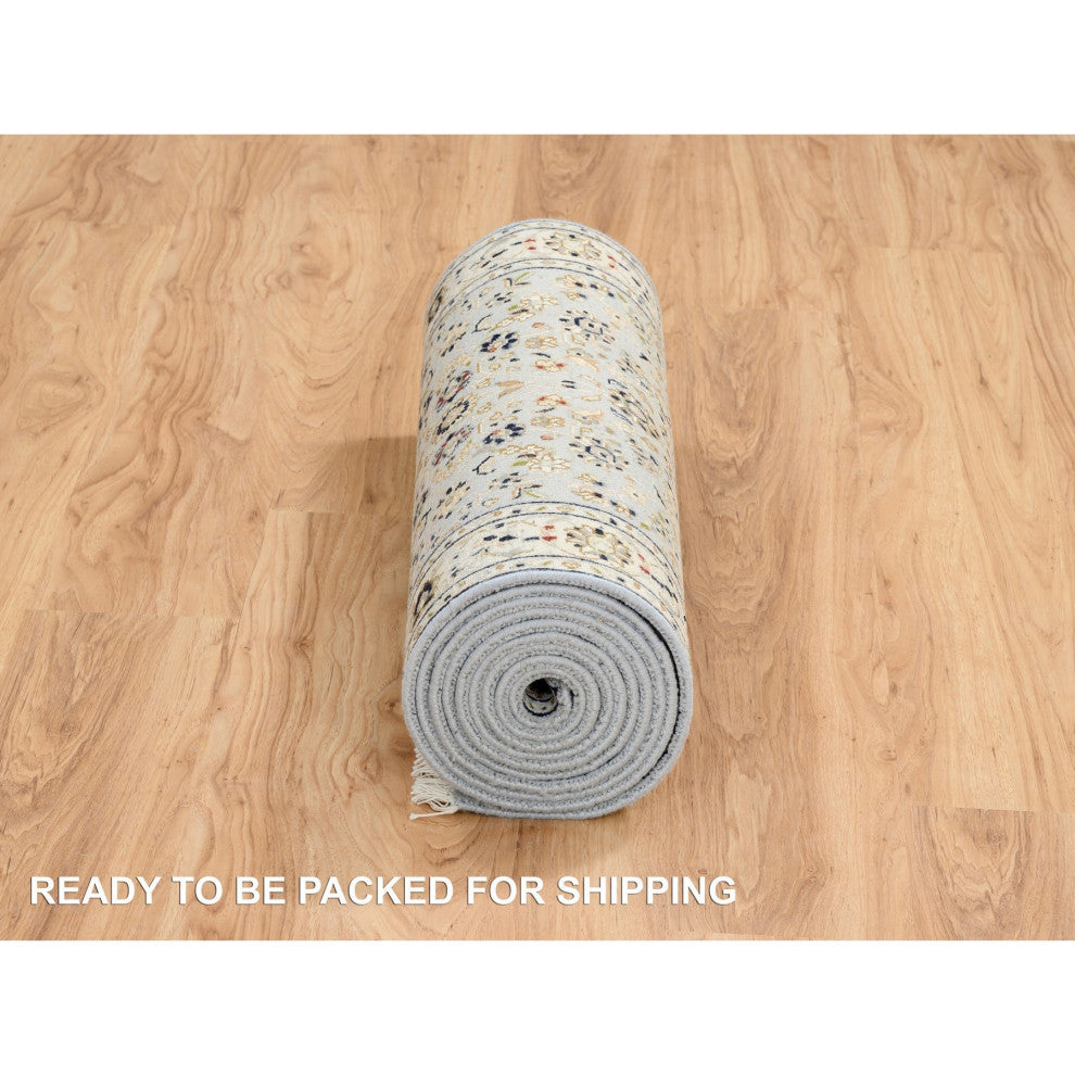 Light Blue, Nain 250 KPSI, Wool and Silk Hand Knotted Runner Rug, 2'6"x13'9"