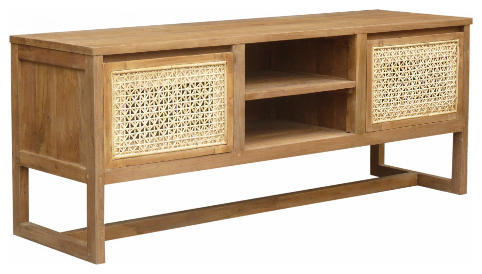 Recycled Teak Wood West Indies Cane Media Center With 2 Doors