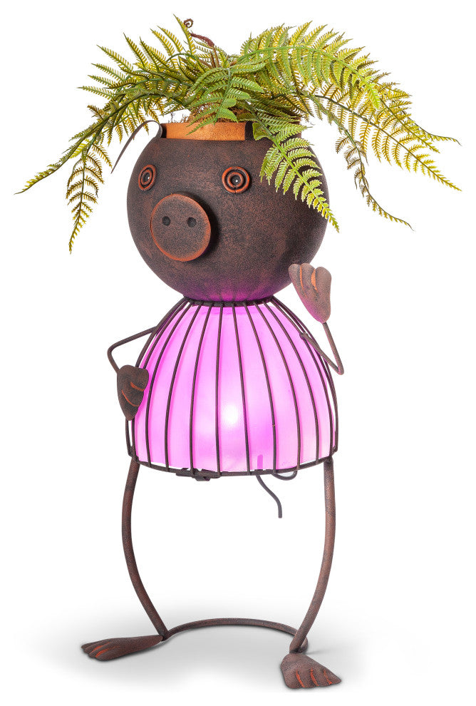 20.87" Solar Lighted Garden Meadow Pig Pot Head