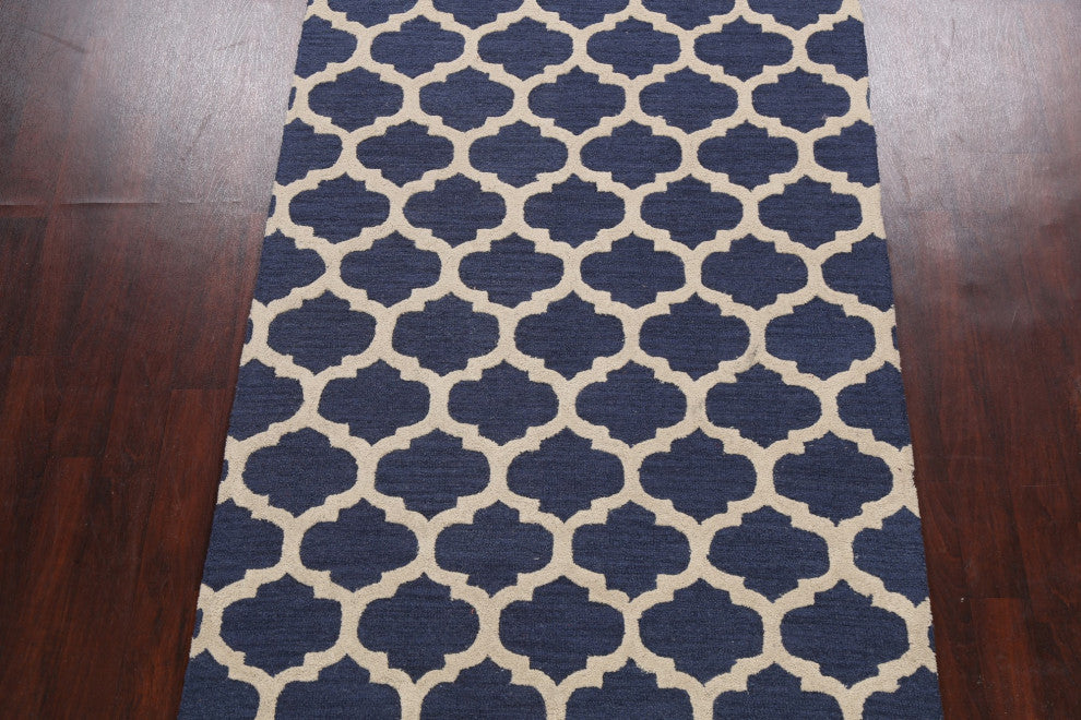 Navy Blue Trellis Contemporary Oriental Area Rug Hand-tufted Wool Carpet 5x8