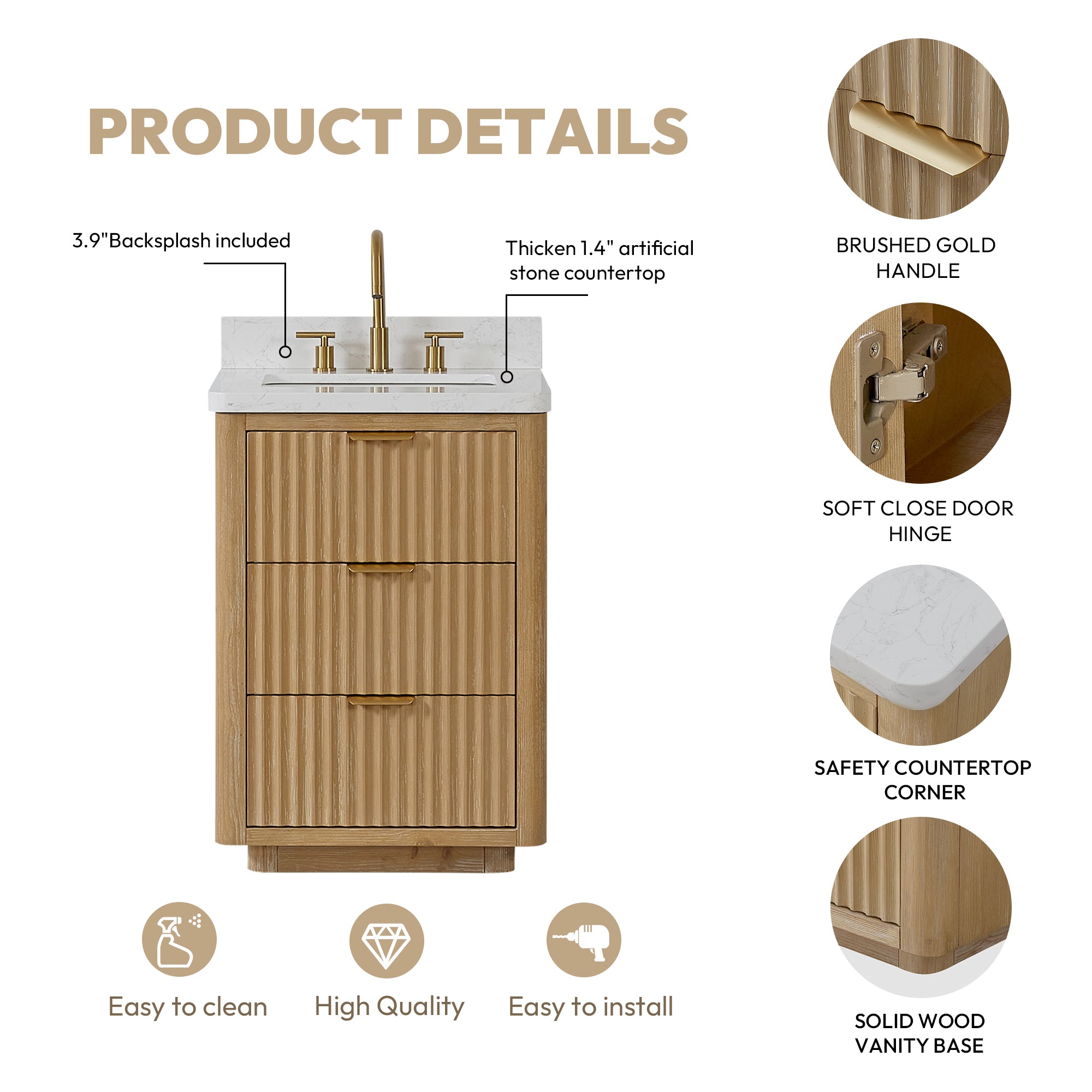 Vinnova Cadiz Bath Vanity, Composite Stone Top, Washed Ash Grey, 24", No Mirror