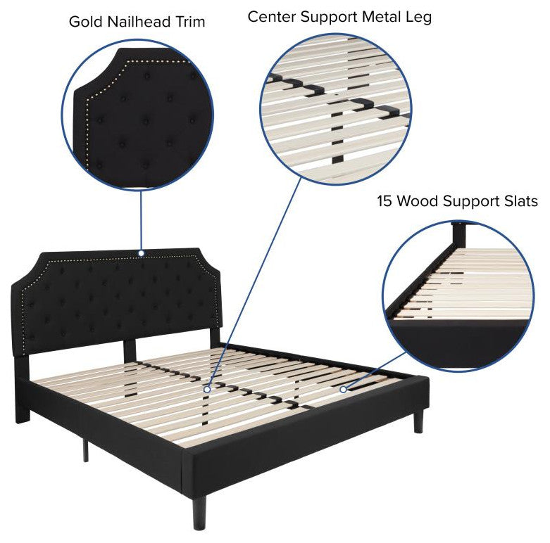 Roxbury Upholstered Platform Bed -10 Inch Foam & Pocket Spring Mattress, Black With Nail Trim, King