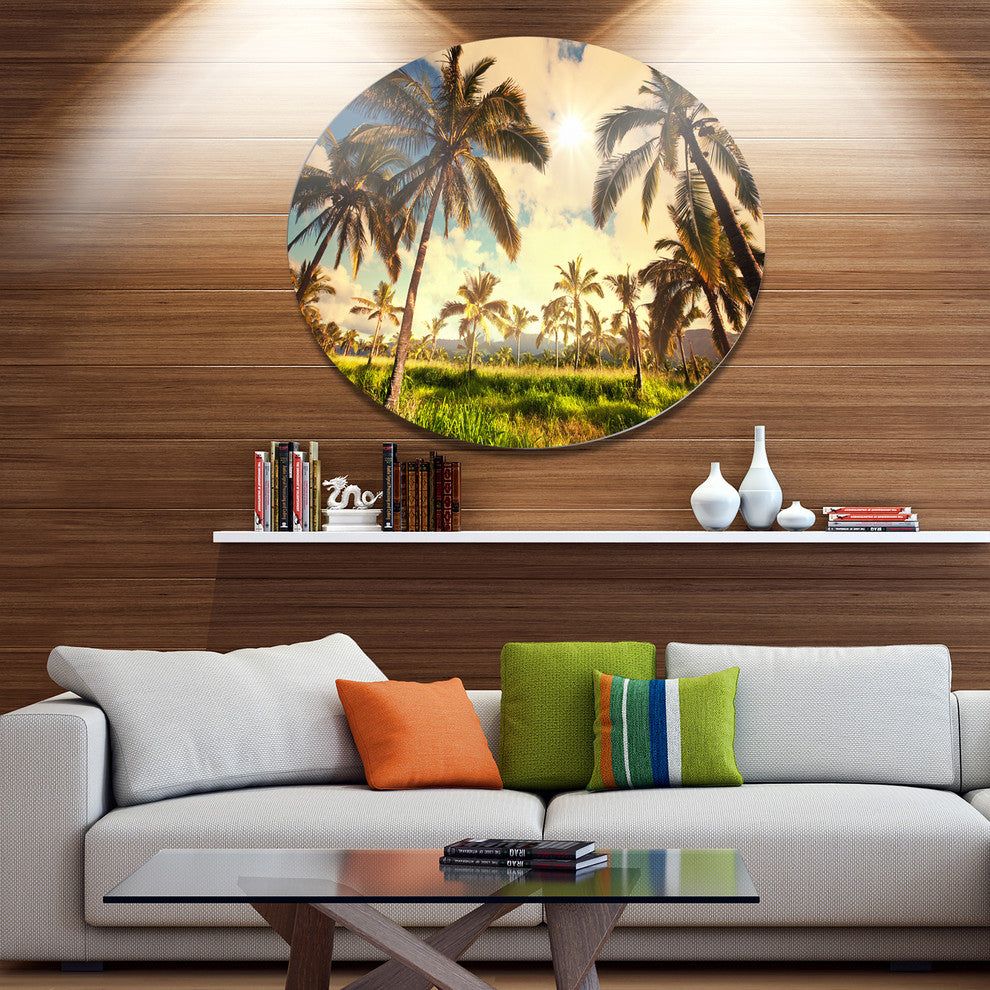 Beautiful Palm Plantation In Hawaii, African Disc Metal Artwork, 23"