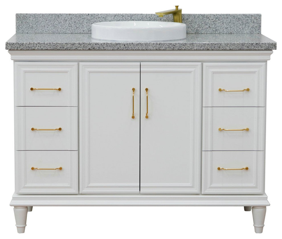 49" Single Sink Vanity, White Finish With Gray Granite and Round Sink
