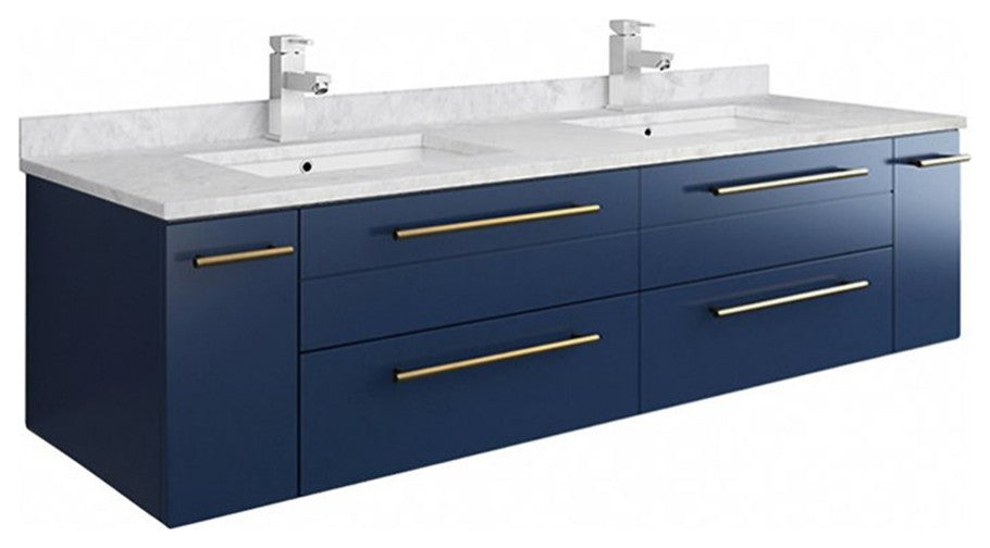Lucera 60" Modern Royal Blue Wall Hung Cabinet, Top and Double Undermount Sink