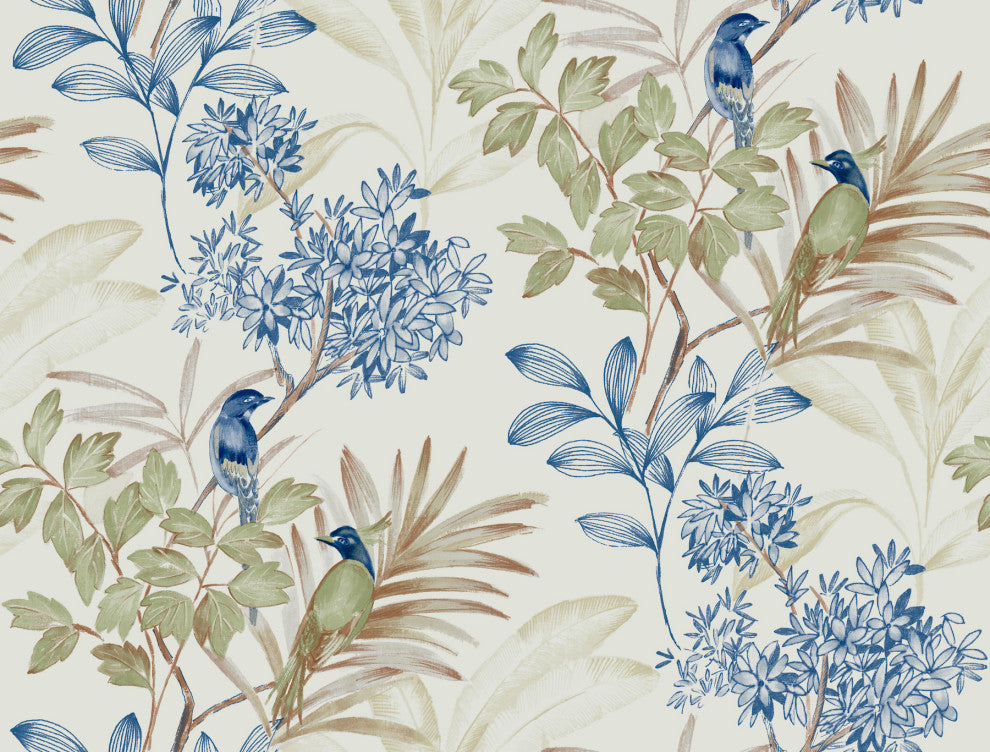 Green & Blue Handpainted Songbird Peel & Stick Wallpaper