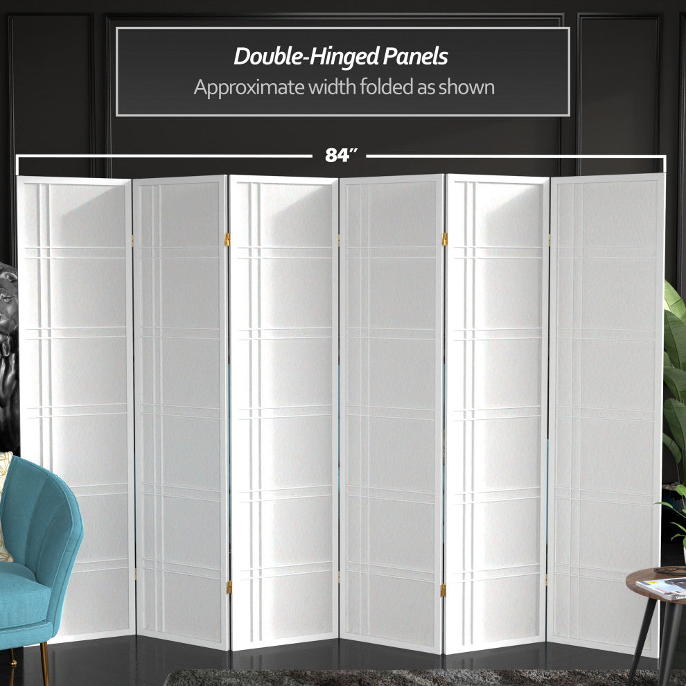 6' Tall Double Cross Shoji Screen, White, 6 Panels