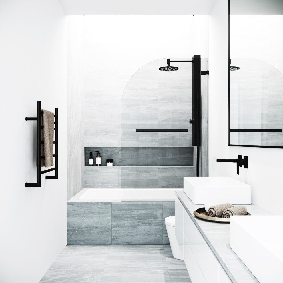VIGO Orion 34" W x 58" H Frameless Hinged Tub Door, Matte Black, Clear Glass