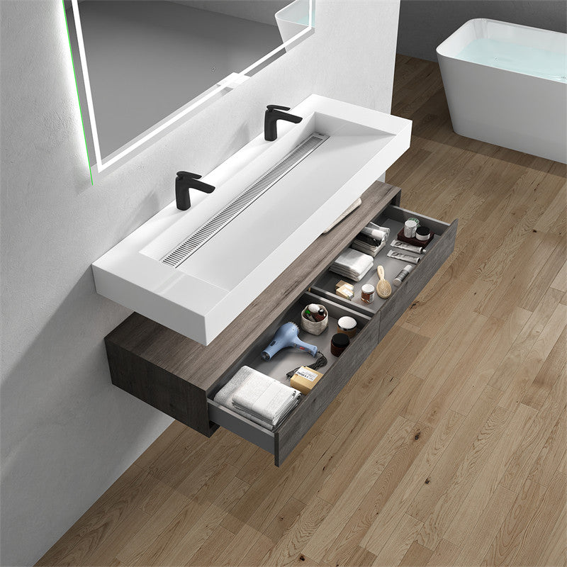 Alysa 60'' Floating Vanity, Acrylic Sink, Double Faucet Hole, Smoke Oak