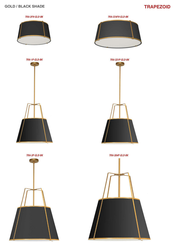 4 Light Trapezoid Pendant Black, Gold Shade w/ White Fabric Diffuser