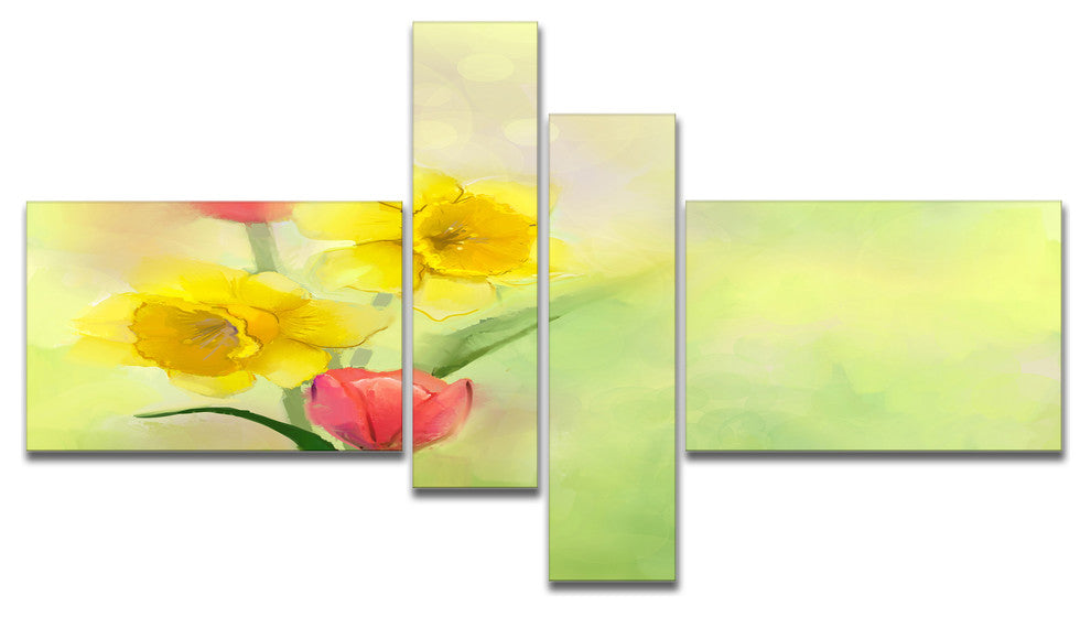Tulips and Daffodils in Soft Color and Blur, Floral Canvas Art, 60"x32",4 panels
