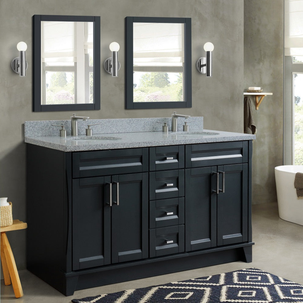 61" Double Sink Vanity, Dark Gray Finish And Gray Granite And Oval Sink