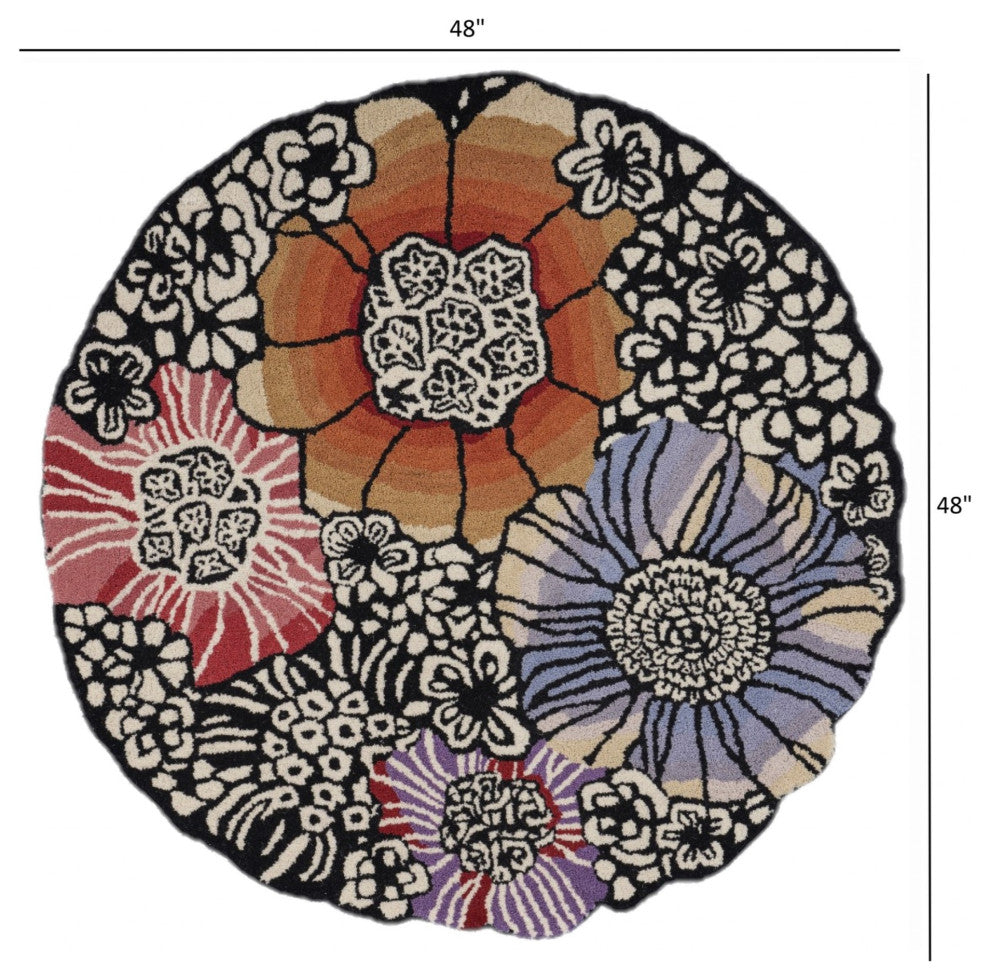 4" Round Red and Black Floral Area Rug
