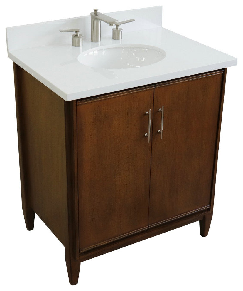 31" Single Sink Vanity, Walnut Finish, White Engineered Stone Top With Oval Sink