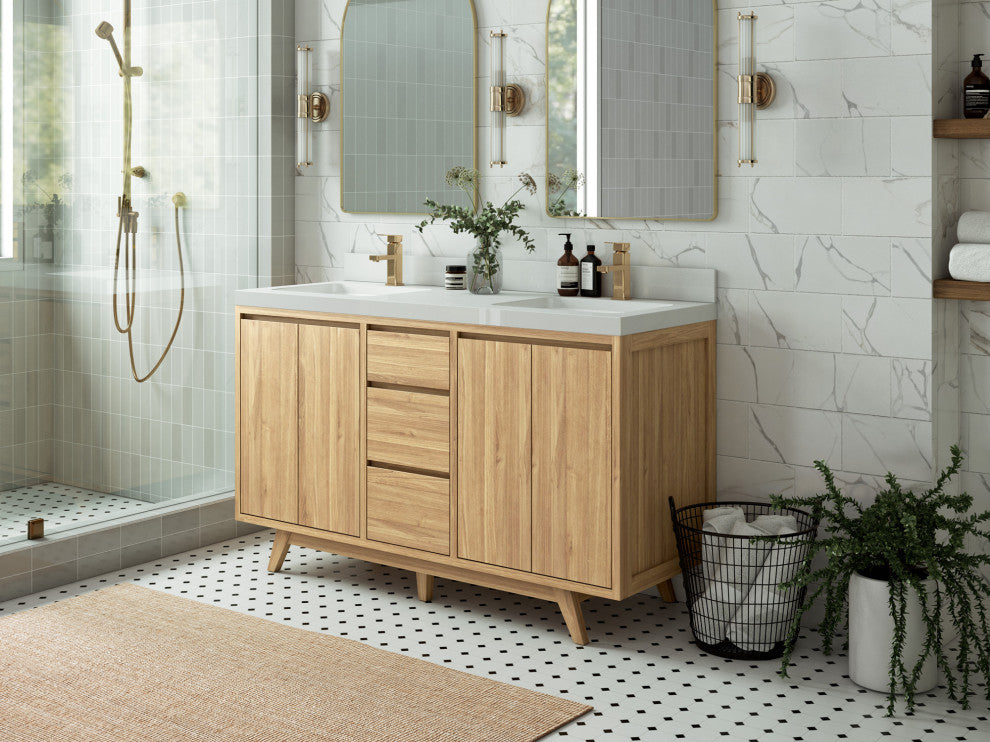 Madison Teak 60 Double Bathroom Vanity in Light Natural 2" Carrara Quartz