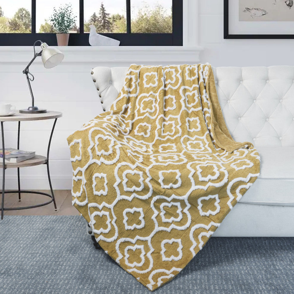 Jacquard Sherpa Throw Blanket, Gold
