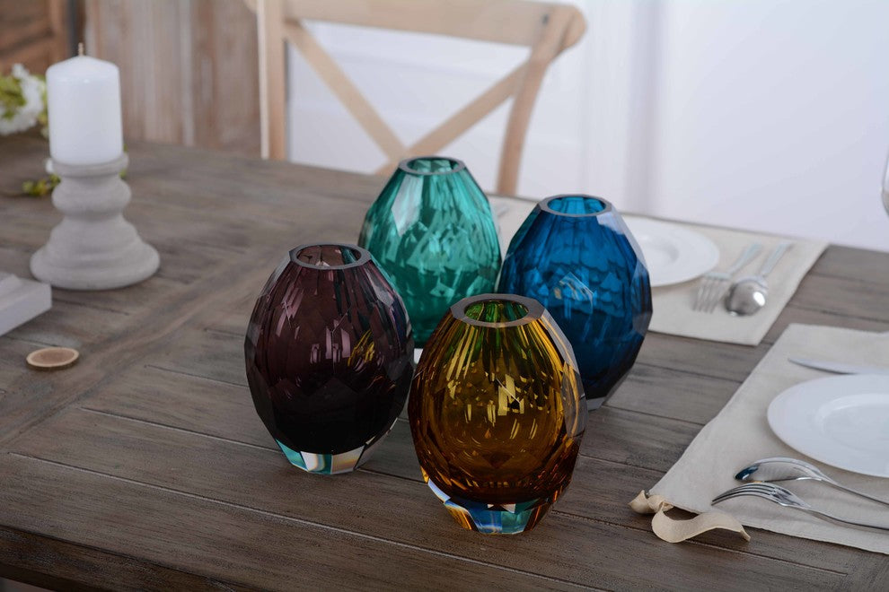 Diamond Solid Color Hand Blown Art Glass Vase, Gift Box, Turquoise
