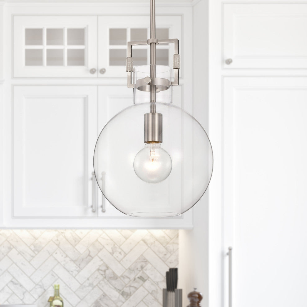 1-Light 10 in. Brushed Nickel Pendant With Globe Shaped Clear Glass Shade