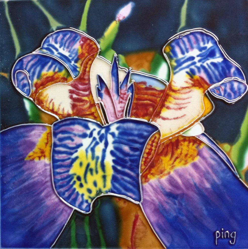 8x8" Purple Iris Yellow Shade Ceramic Art Tile and Trivet Hot Plate