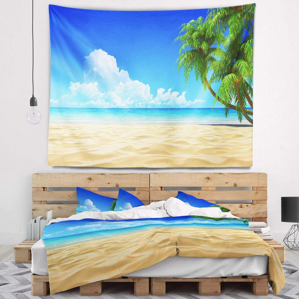 Coconut Palms Bent into Beach Seashore Wall Tapestry, 60"x50"