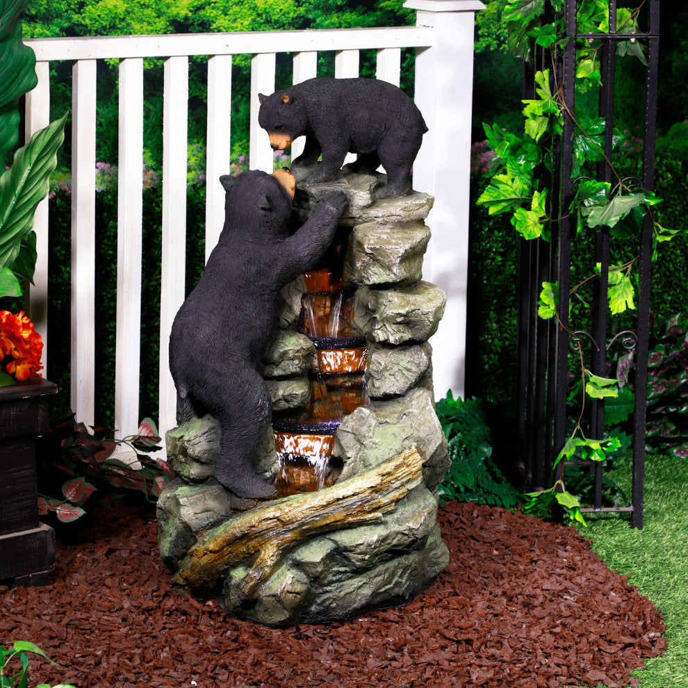 36" Tall Outdoor 2 Bears Climbing on Rainforest Water Fountain