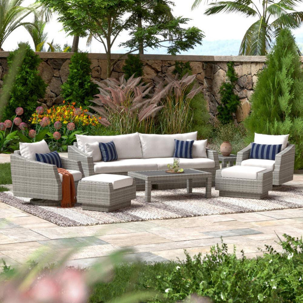Cannes Deluxe 8 Piece Aluminum Outdoor Patio Sofa and Club Chair Set, Centered Ink