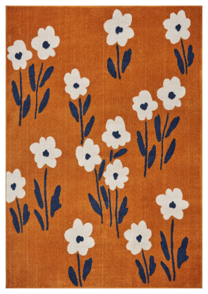 8" x 9" Orange and Ivory Flower Field Area Rug