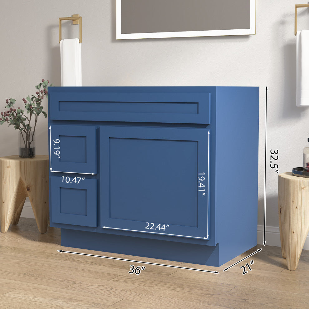 Vanity Art Vanity Base Cabinet, No Top, Drawers on Left, 36", Blue