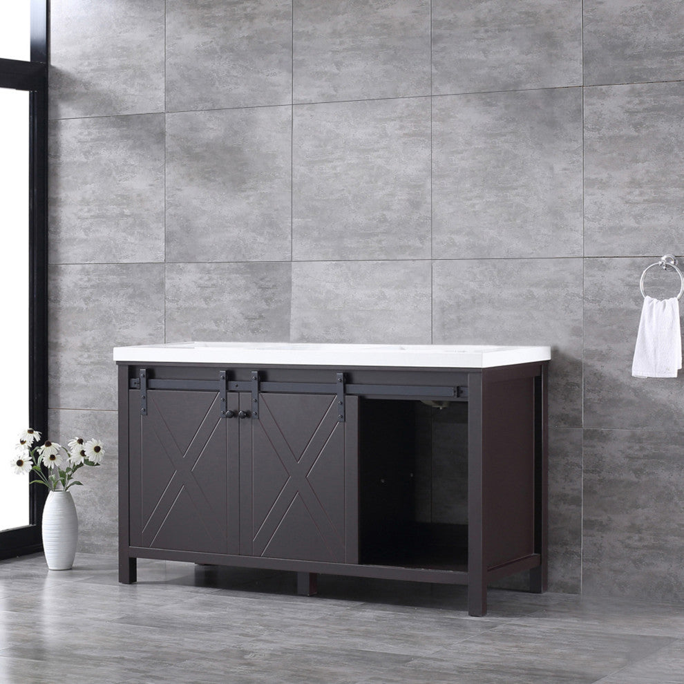 Marsyas 60" Brown Double Vintage Bathroom Vanity Cabinet Quartz Top Square Sinks
