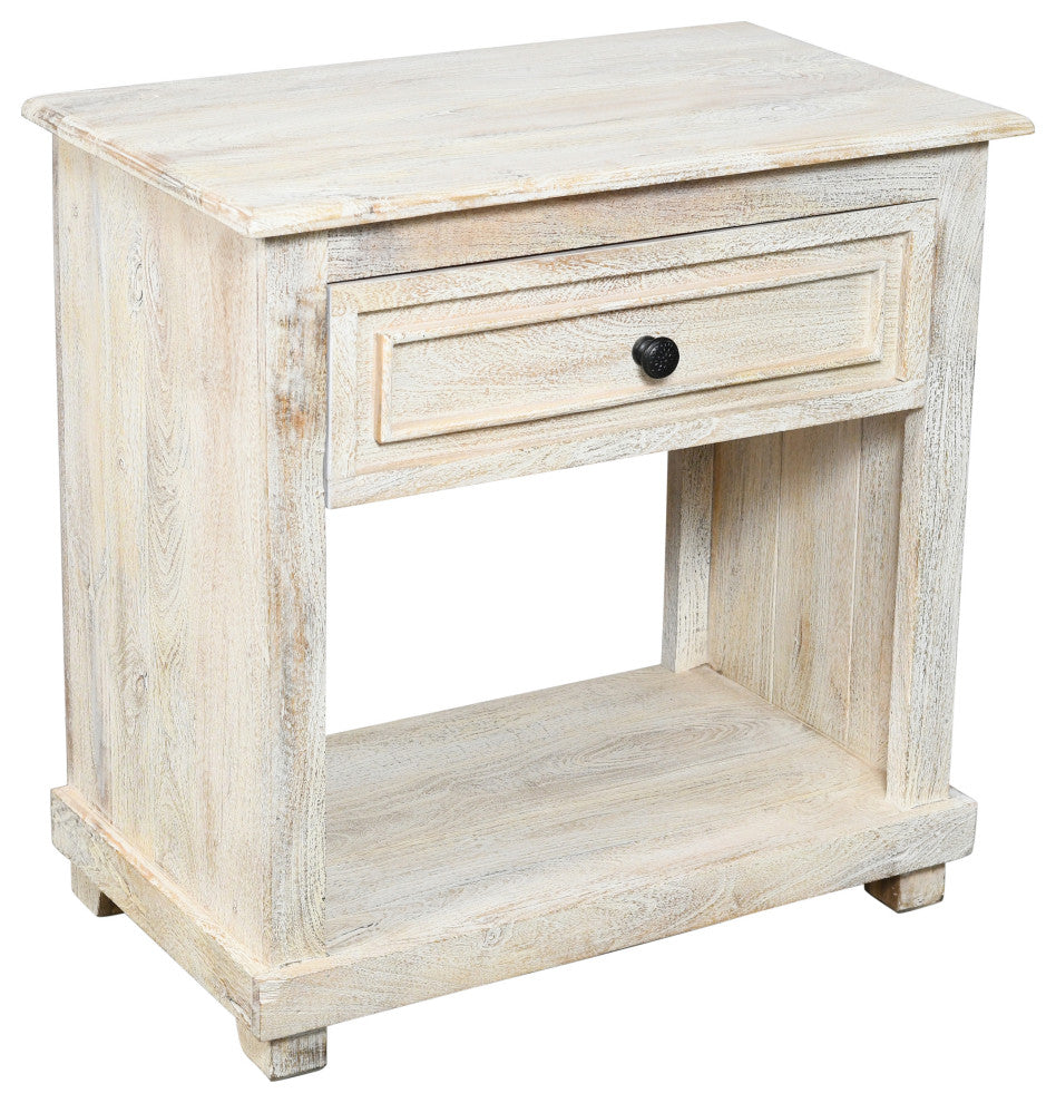 Jenna 1-Drawer Solid Wood Nightstand With Distressed White Finish