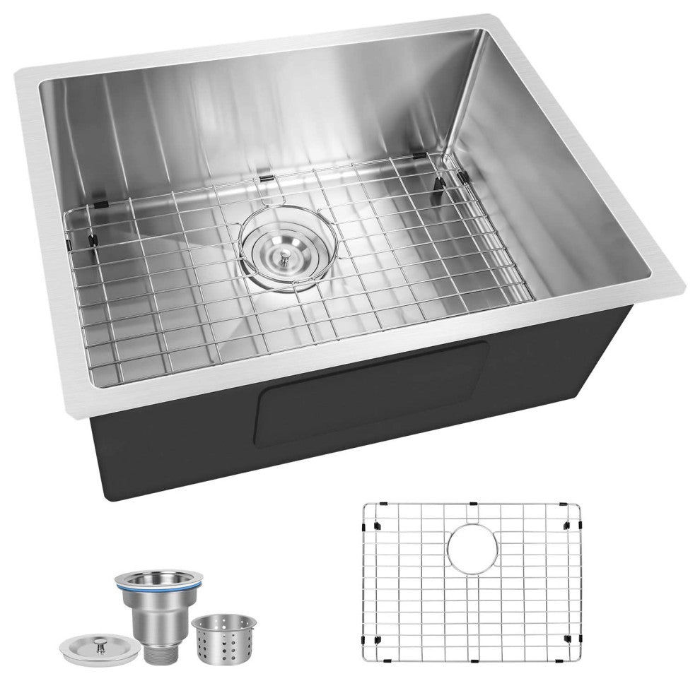 Stainless Steel Undermount Single Bowl Kitchen Sink with Accessories, Silver, 24