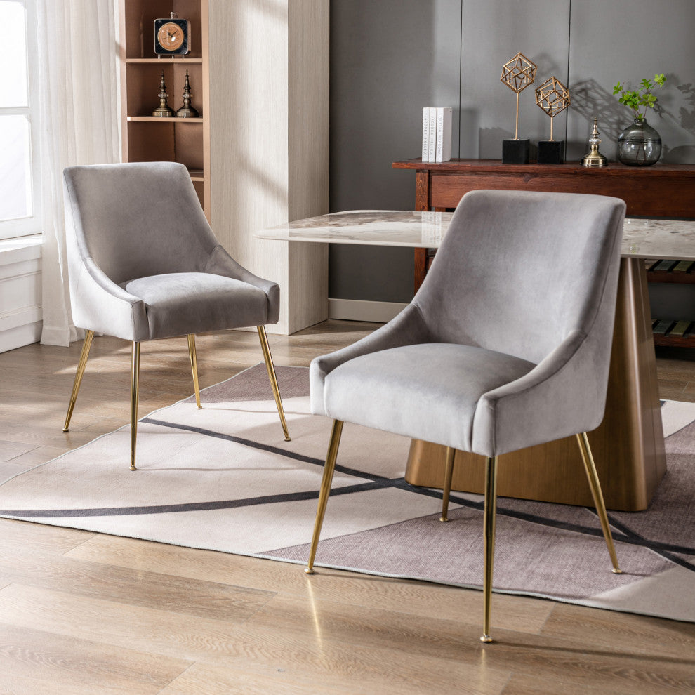 WestinTrends 2PC Velvet Upholstered Accent Chair Set w/ Gold Metal Legs, Gray