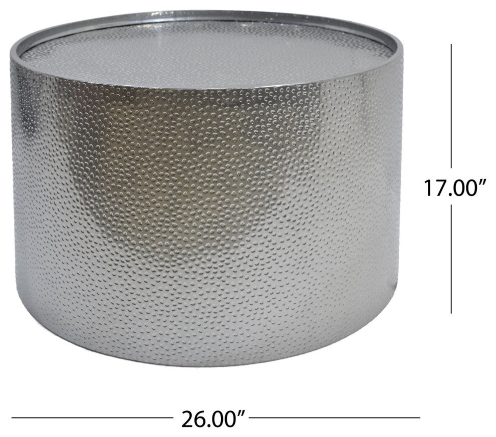 Unique Round Coffee Table, Hammered Metal Body With Cylindrical Shape, Silver