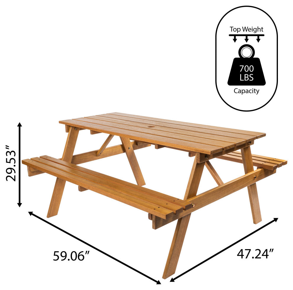 Shoreham 59" Modern Classic Outdoor Wood Picnic Table Benches With Umbrella Hole
