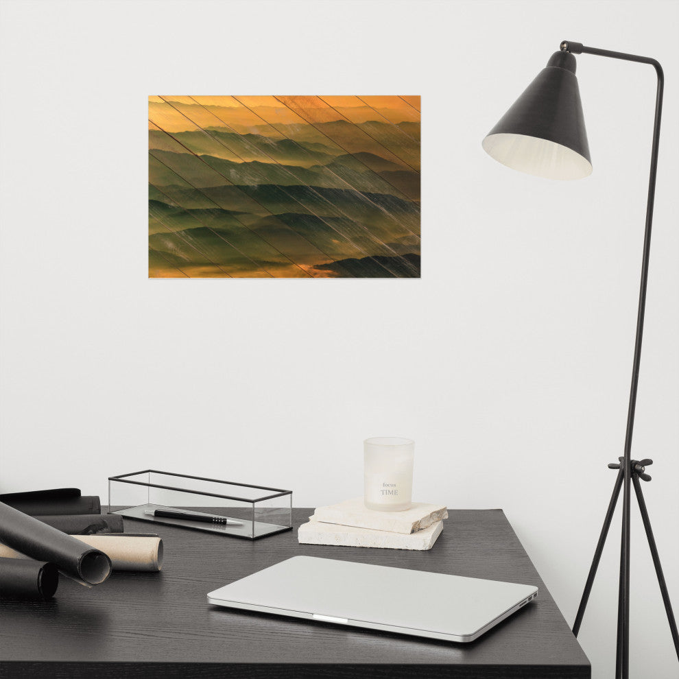 Faux Wood Foggy Mountain Layers at Sunset Landscape Unframed Wall Art Prints, 12" X 18"