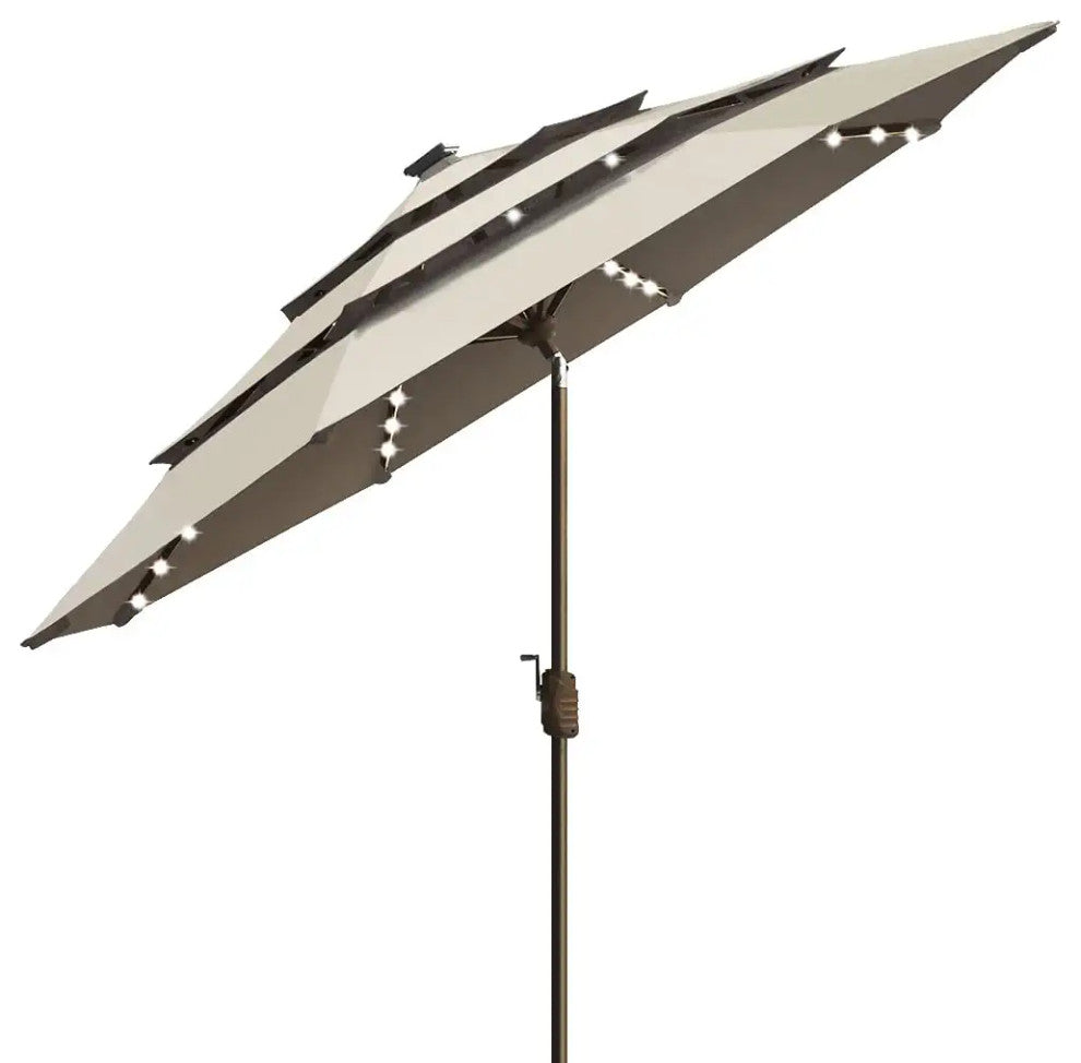 Patio Umbrella With LED Rib Lights and Fadeproof 3 Tier Fabric Canopy, Antique Beige