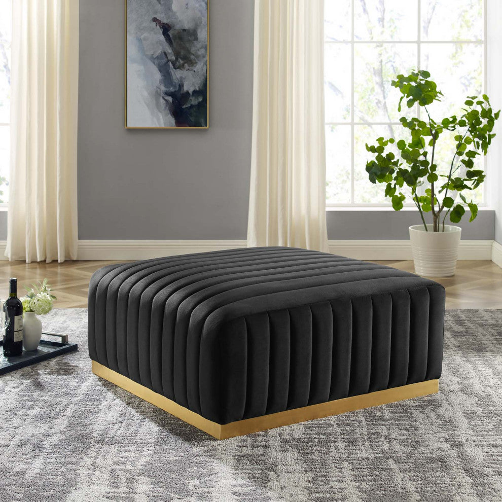 Conjure Channel Tufted Velvet Ottoman, Gold Black
