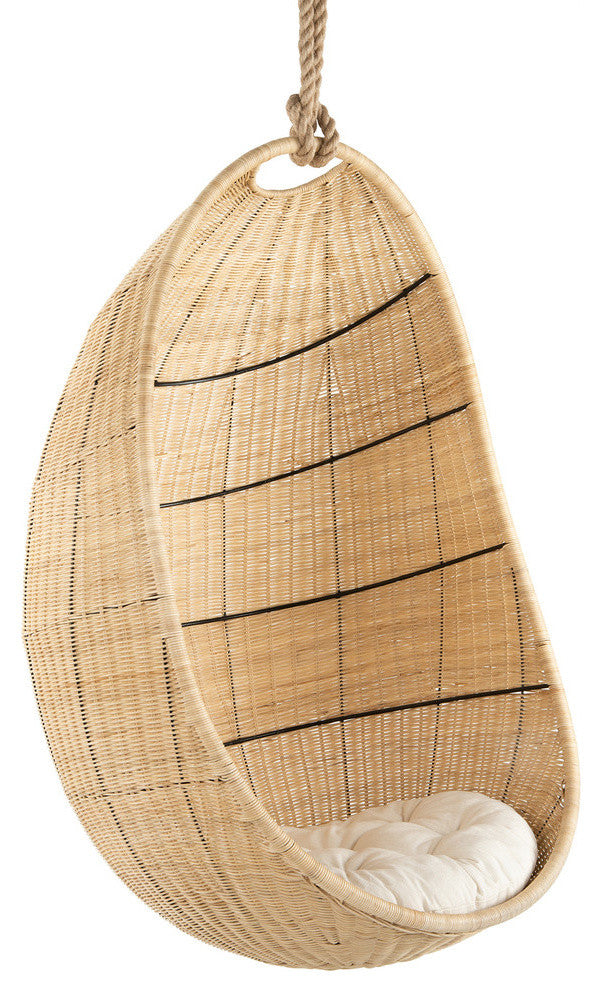 Cocoon Wicker Hanging Swing Chair With Seat Cushion, Natural
