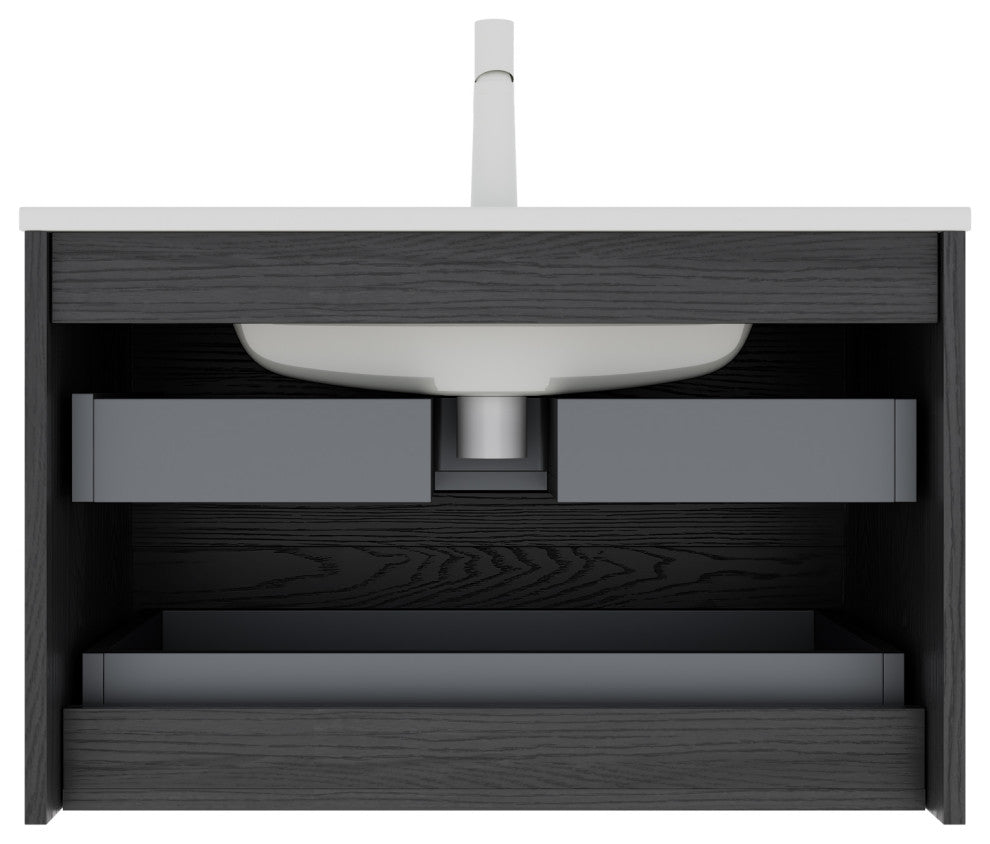 Single Sink Wall-Mounted Bath Vanity in Walnut with White Ceramic Top, Dark Oak, 30"