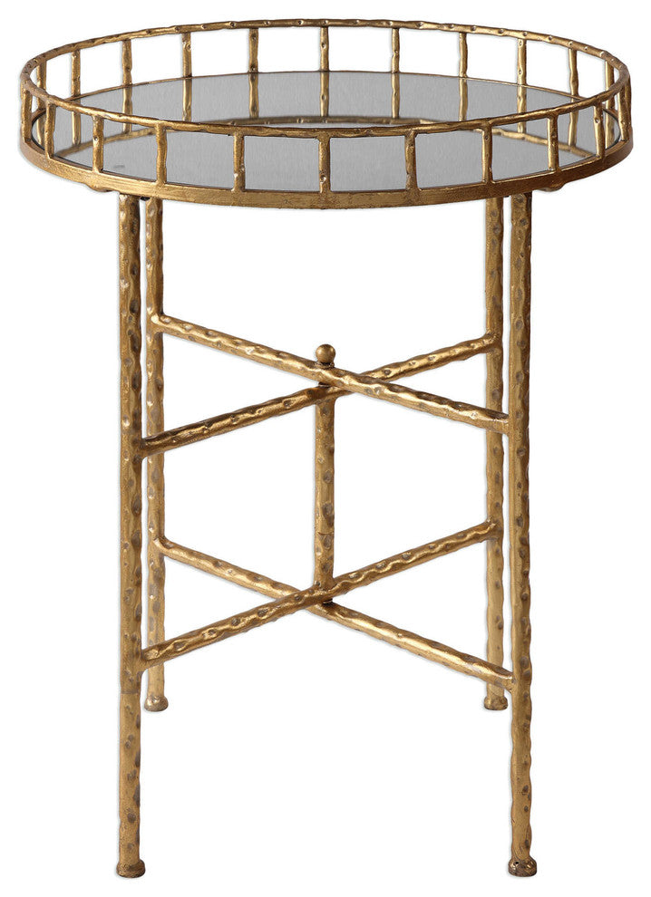 Uttermost Tilly 20" Round Iron and Mirror Top Accent End Table in Bright Gold